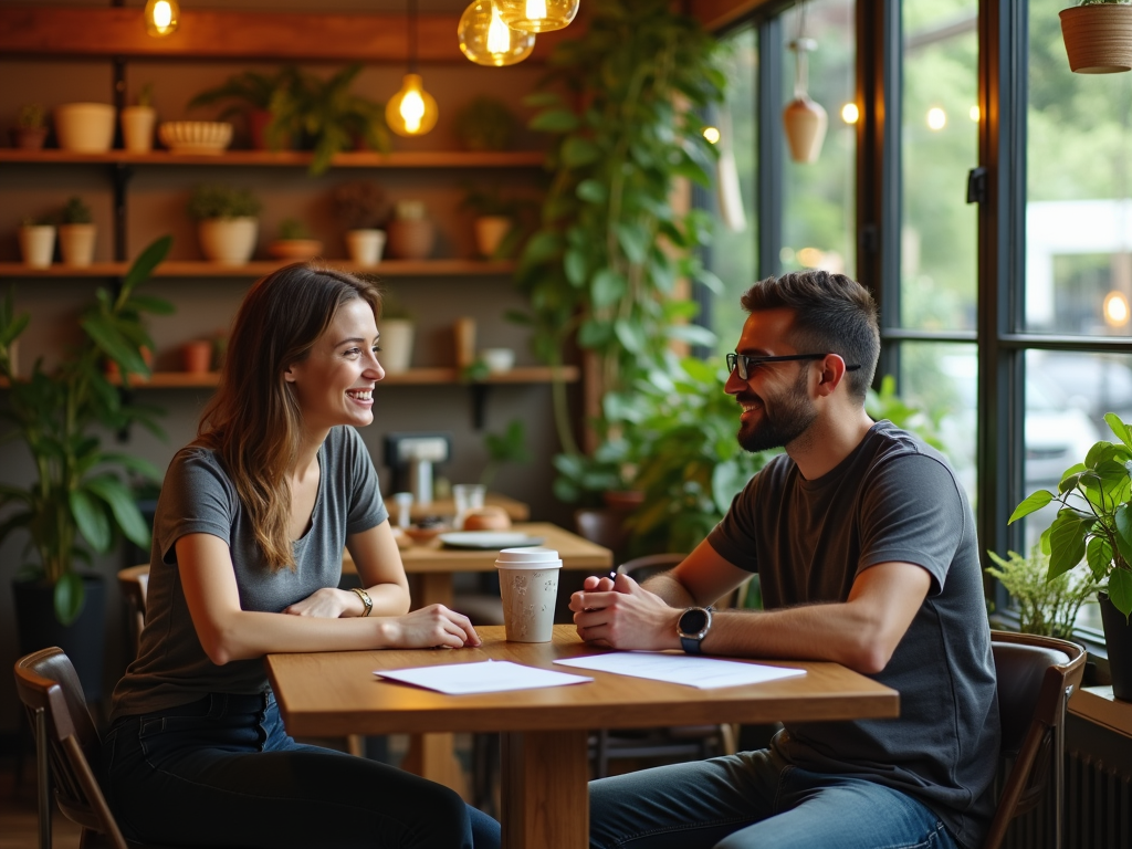 Two people smile at each other while sitting at a wooden table in a cozy café surrounded by plants.