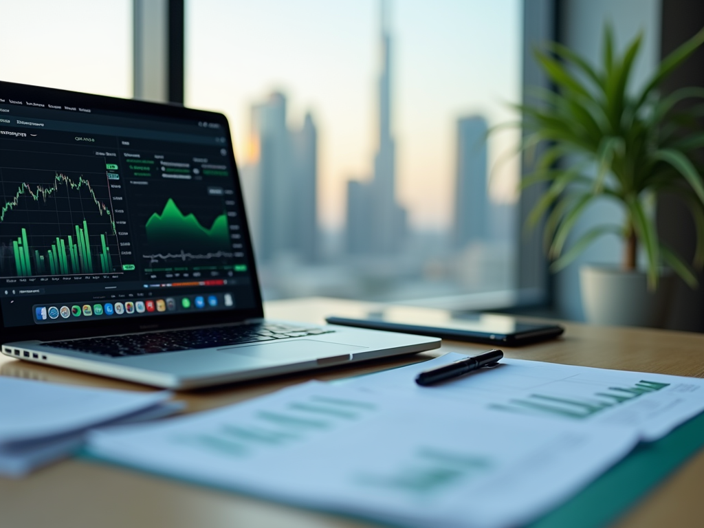 Laptop displaying financial charts on a desk with cityscape in the background.