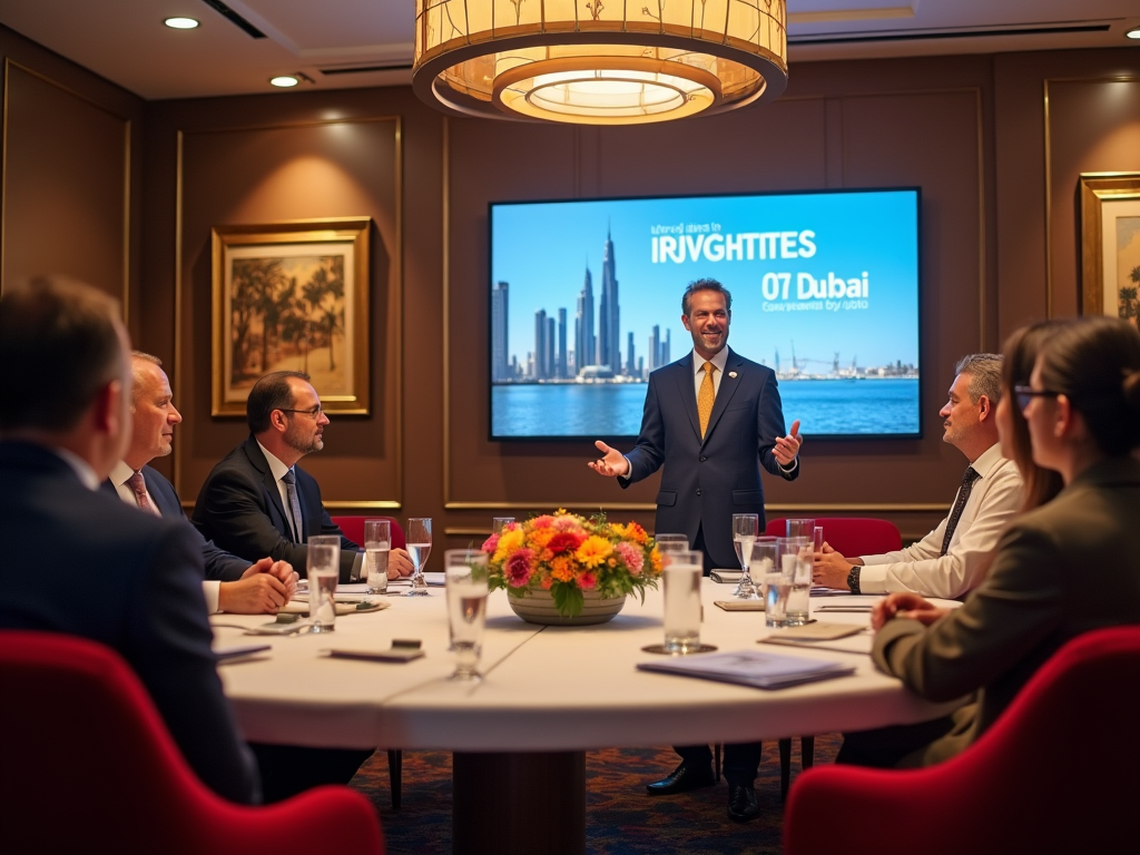 Businessman presenting at a boardroom meeting with a Dubai skyline presentation in the background.