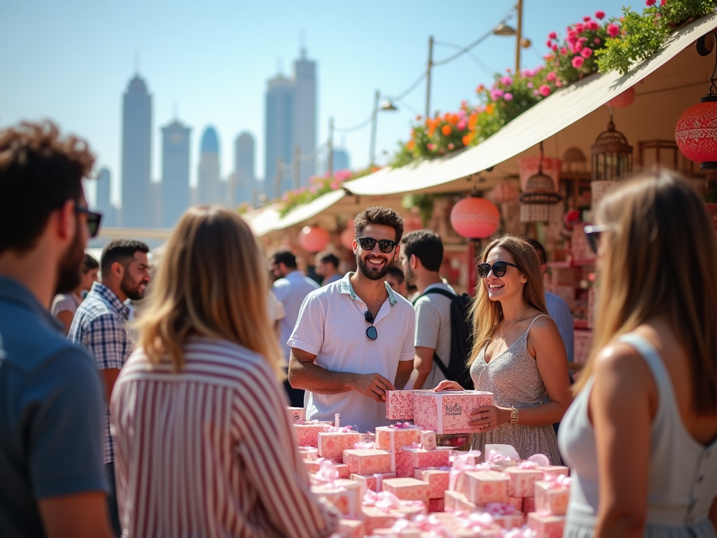 A vibrant market scene with people shopping for pink gifts, skyscrapers in the background, under a clear blue sky.