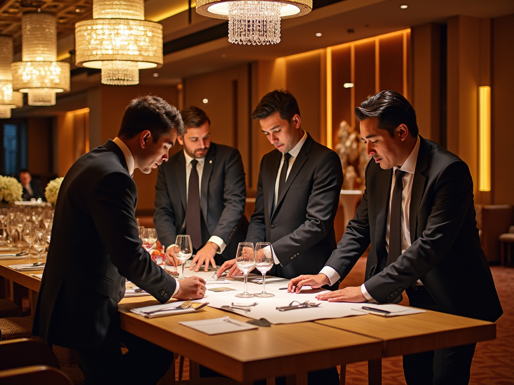 Four businessmen in suits examining documents at a dining table under elegant chandeliers.