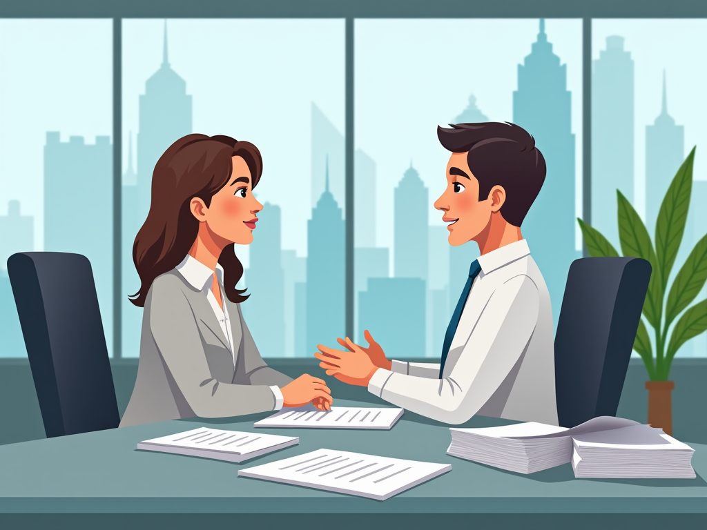 Business meeting between a man and a woman in an office with city skyline views.