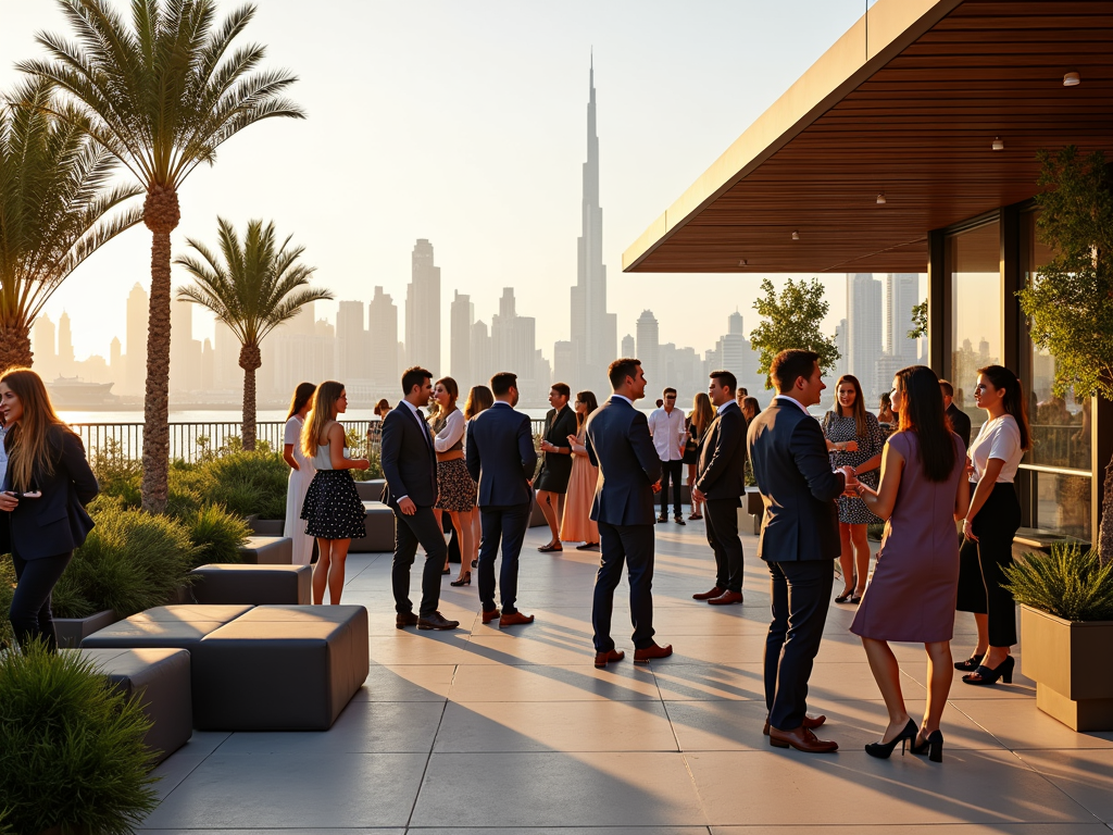 Group of people mingling on a balcony with city skyline and palm trees during sunset.