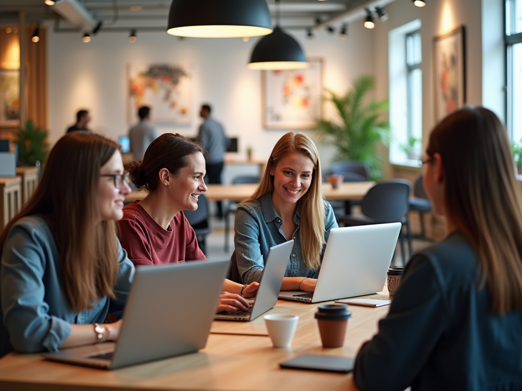 Four women smiling and working with laptops in a modern office setting.