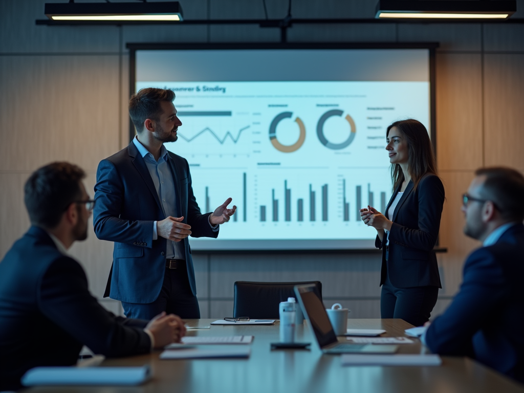 Business presentation in a modern office with a man and woman discussing graphs displayed on a screen.