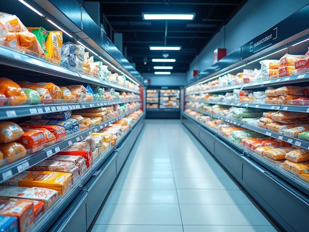 A well-organized supermarket aisle with various packaged foods displayed on both sides, illuminated by bright lights.