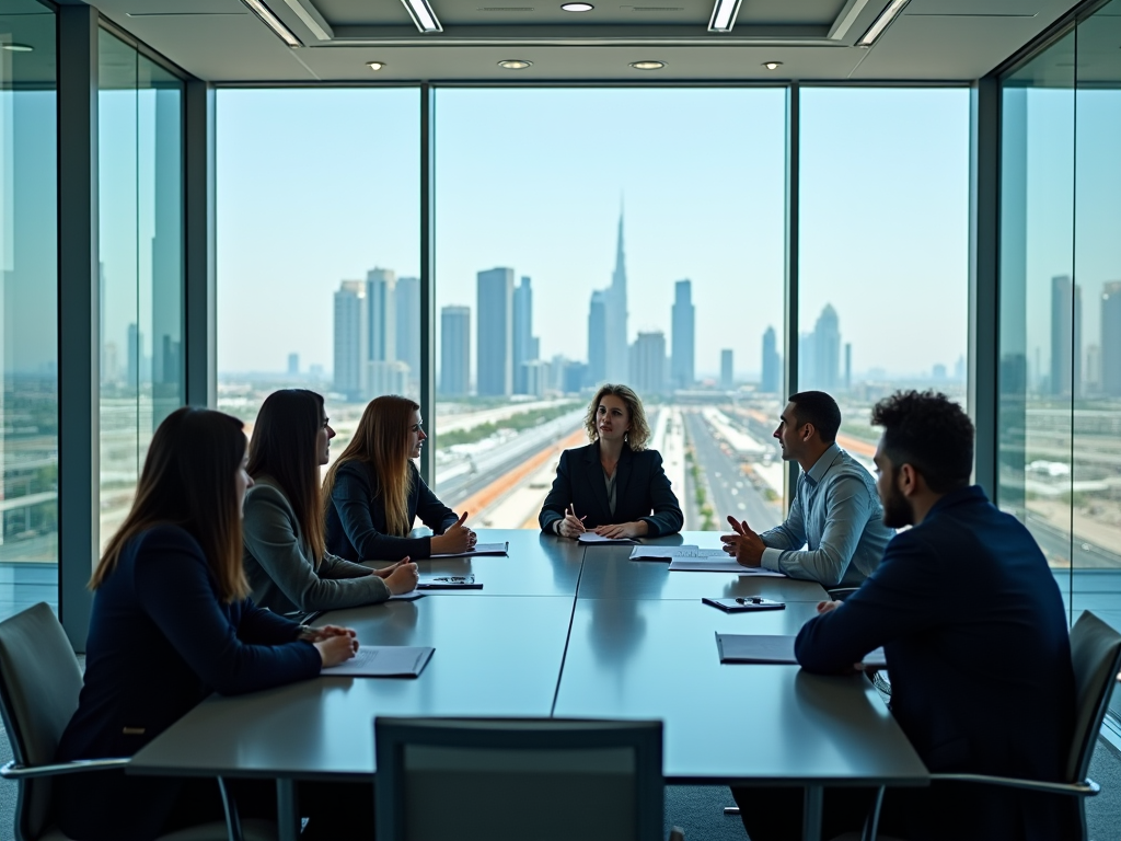 Business meeting in a bright modern office overlooking a cityscape with large windows.