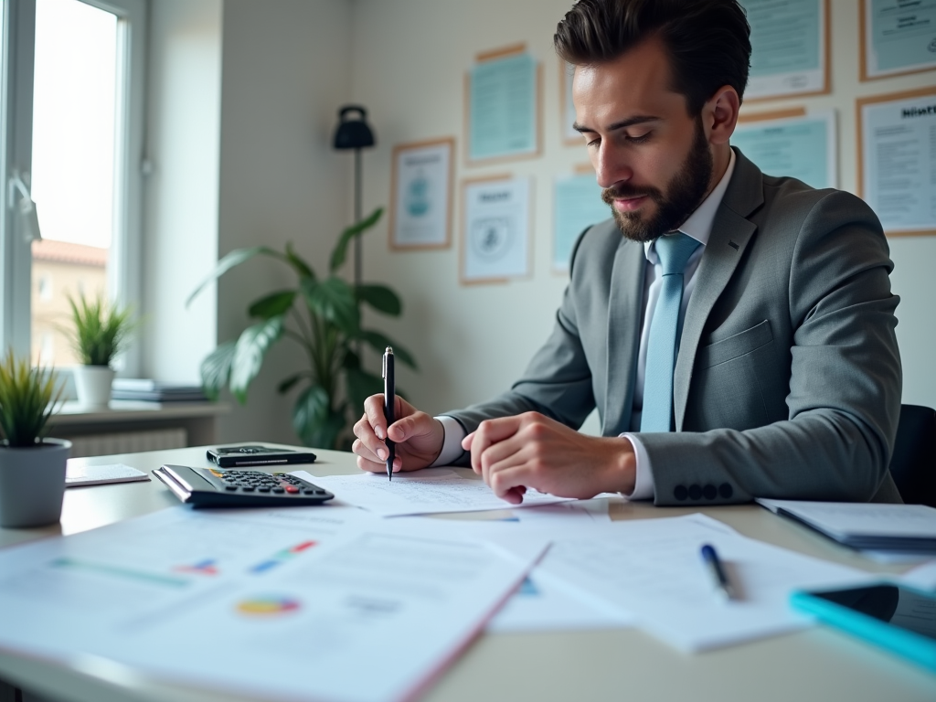 Businessman in a suit working with documents at a desk in an office.