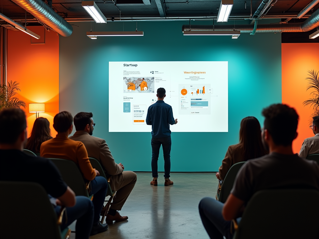 A presenter stands before an audience, showcasing a startup's presentation on a large screen in a modern venue.