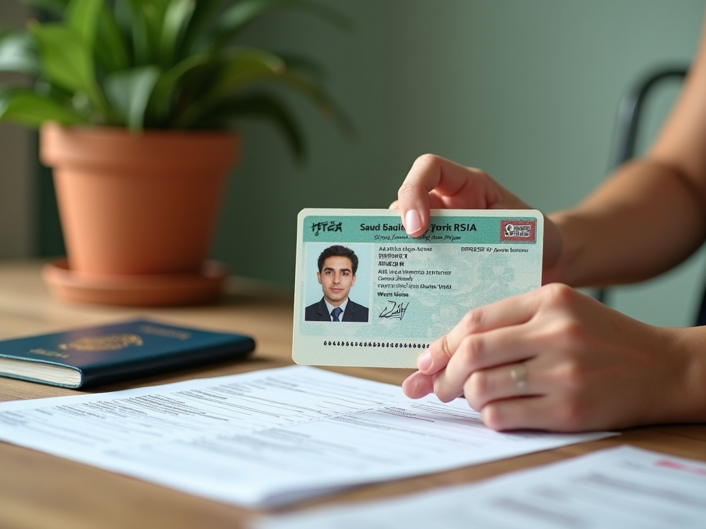 Person holding a Saudi Arabian identity card over documents on a table, with a passport and plant in background.