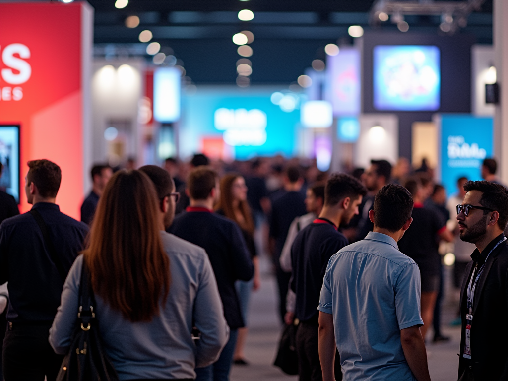 Crowd of professionals networking at a busy tech industry trade show with booths and displays.