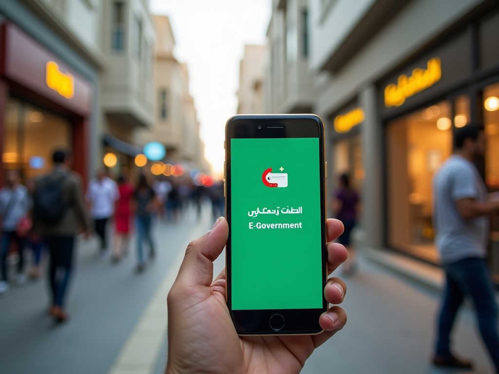 A hand holds a smartphone displaying "E-Government" with people walking in a shopping area in the background.