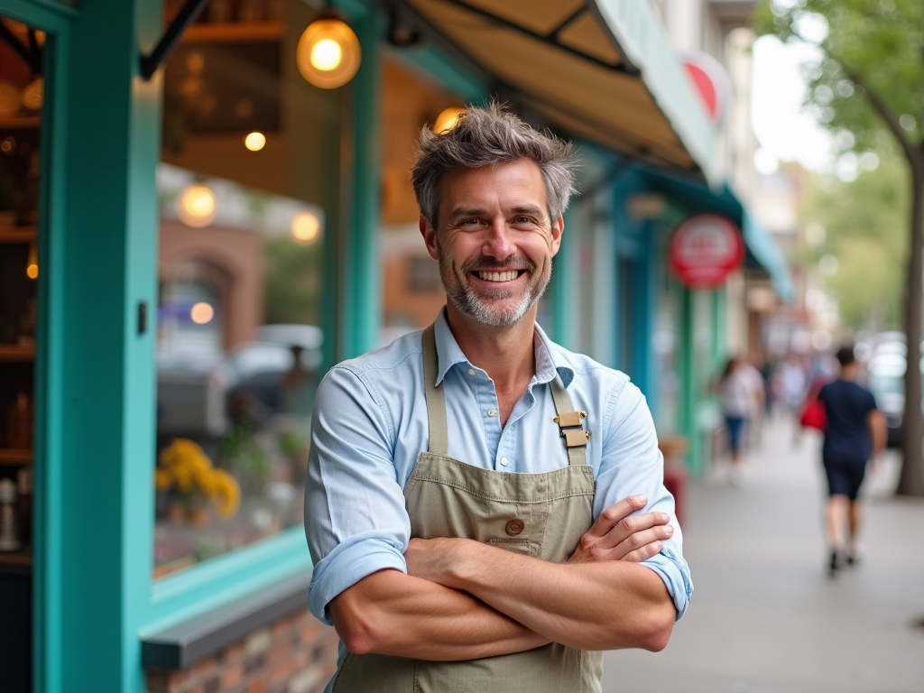 Cheerful man in apron stands outside his café, arms crossed, smiling on a busy street.