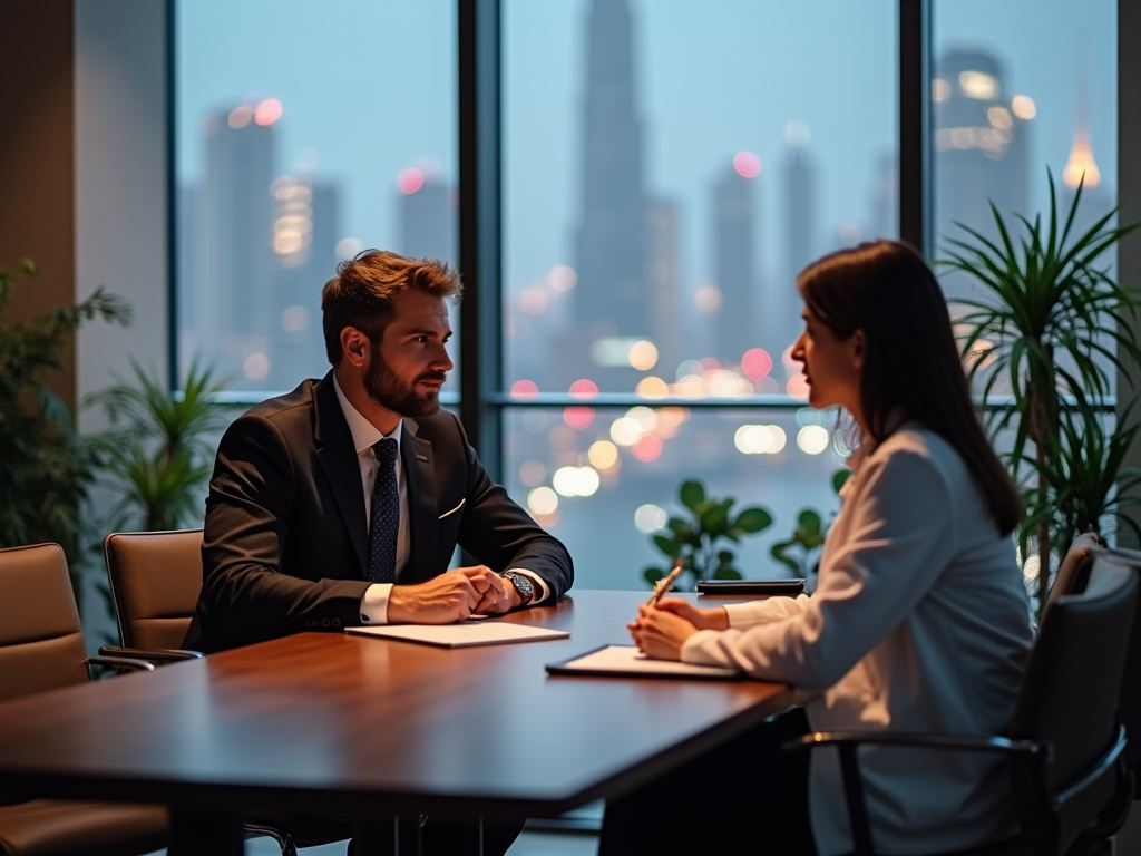 Two professionals in a meeting at a table, with a cityscape illuminated at dusk visible through the window behind them.