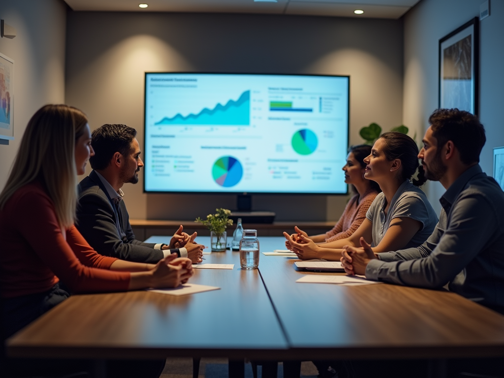 Five professionals engaged in a meeting, discussing charts on a large screen in a dimly lit room.