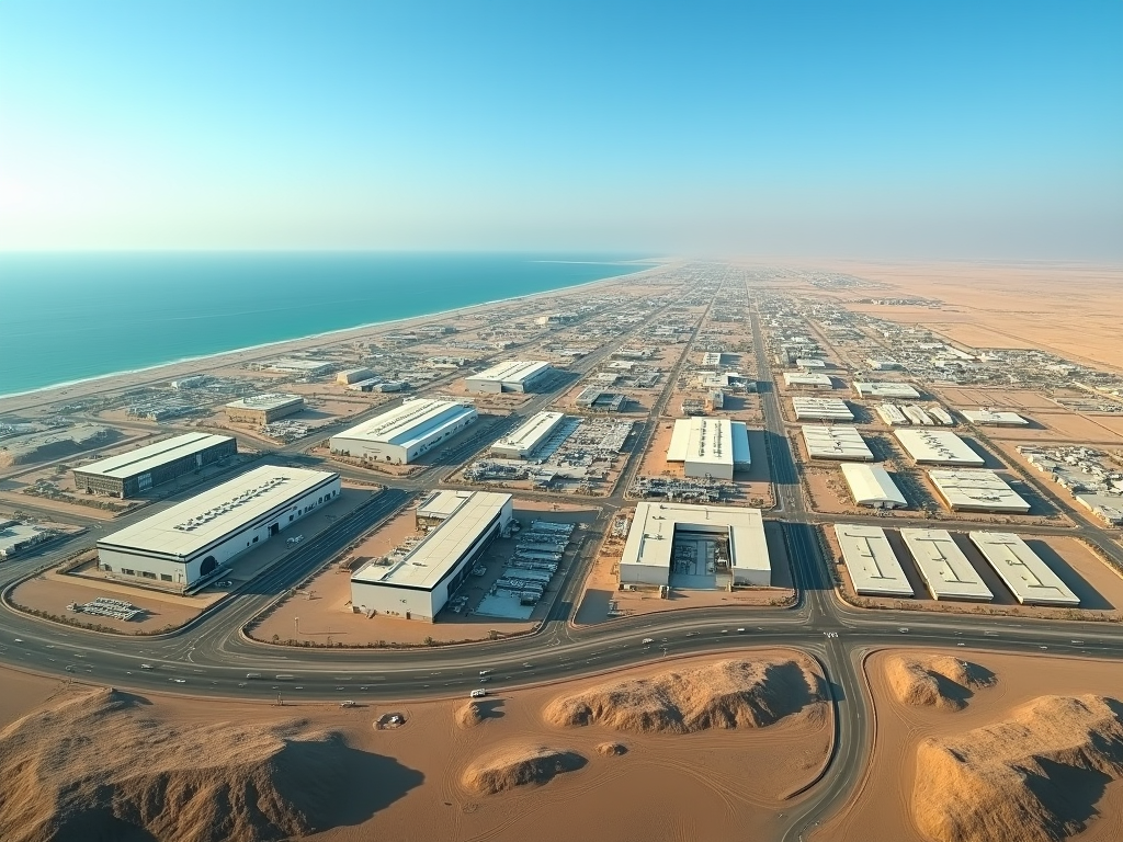 Aerial view of an industrial area near a sandy coastline with large warehouses and roads, bordered by desert.