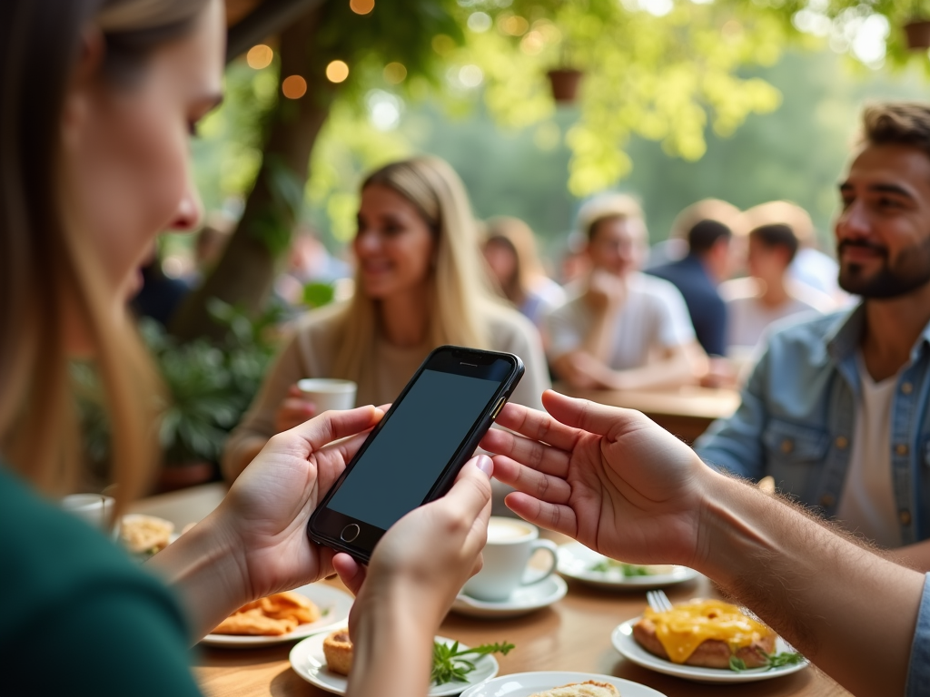 Woman showing smartphone screen to man at a lively outdoor cafe.