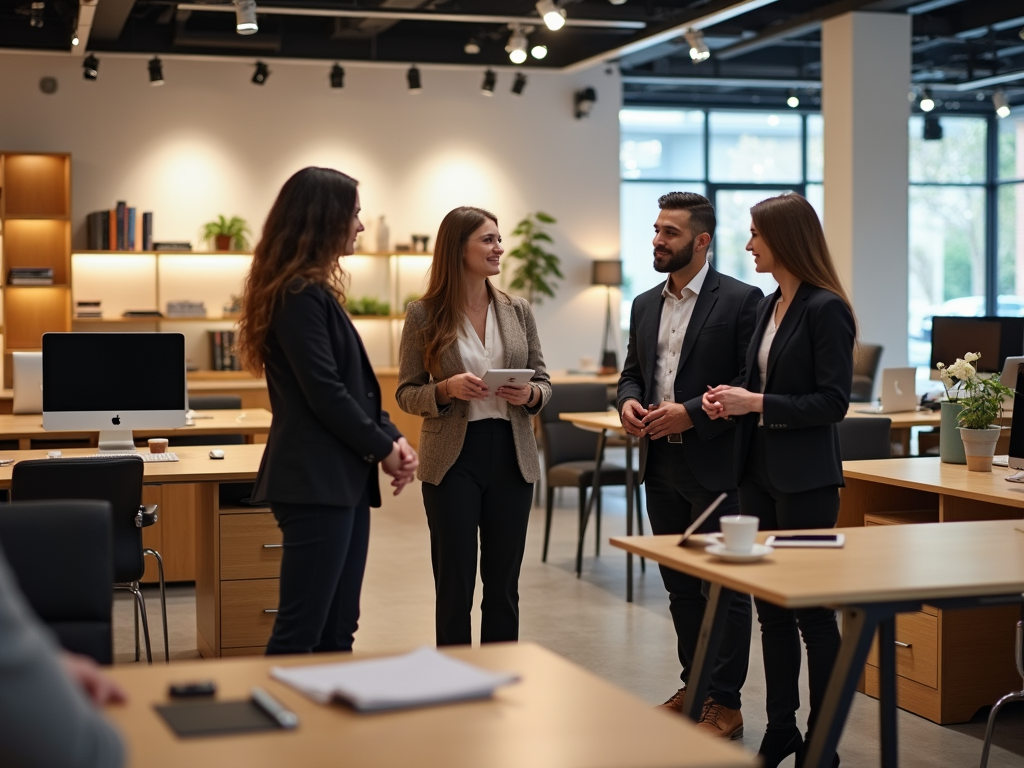 Four professionals in business attire engage in conversation in a modern office setting filled with plants and computers.