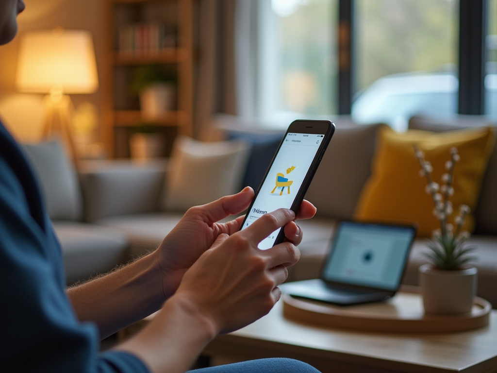 Person using a smartphone with an app open, sitting in a cozy living room.