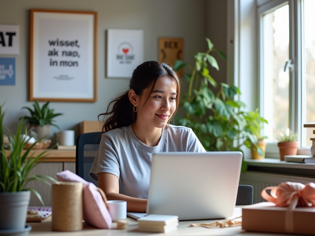 A young woman sits at a desk with a laptop, surrounded by plants and decorative items, smiling as she works.