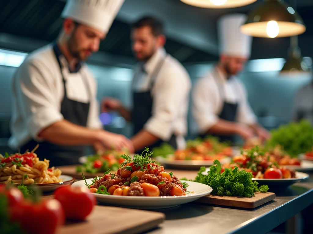 Chefs prepare gourmet dishes in a busy kitchen, with plated meals featuring pasta and garnished vegetables.