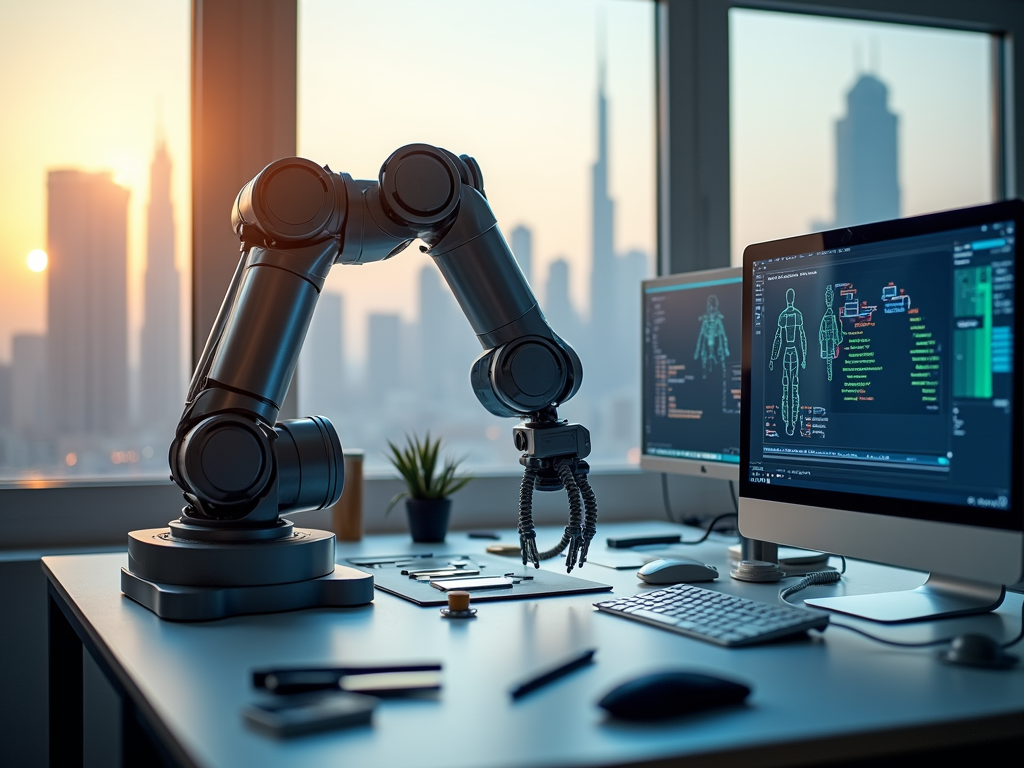 A robotic arm on a workstation with monitors displaying coding and designs, set against a sunset skyline.