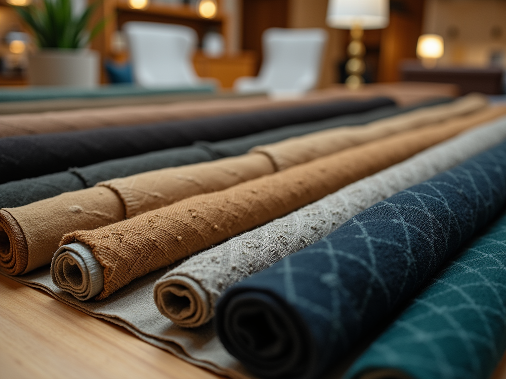 A close-up of neatly rolled fabric swatches in various colors and textures, displayed on a wooden surface.