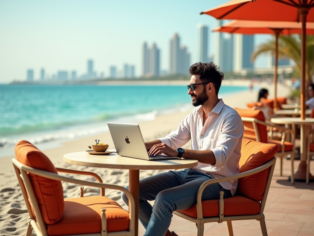 Man working on laptop at a beachside café with city skyline in the background.