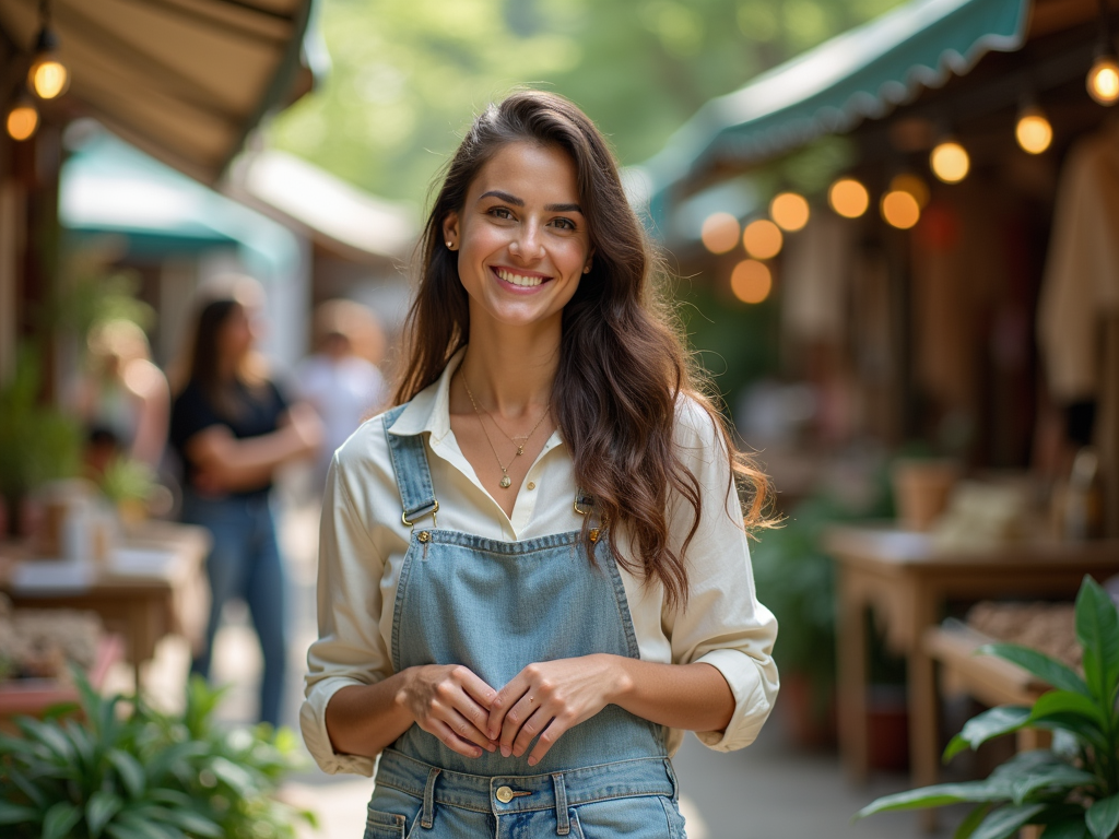 Smiling woman in denim overalls standing in a bustling market street.