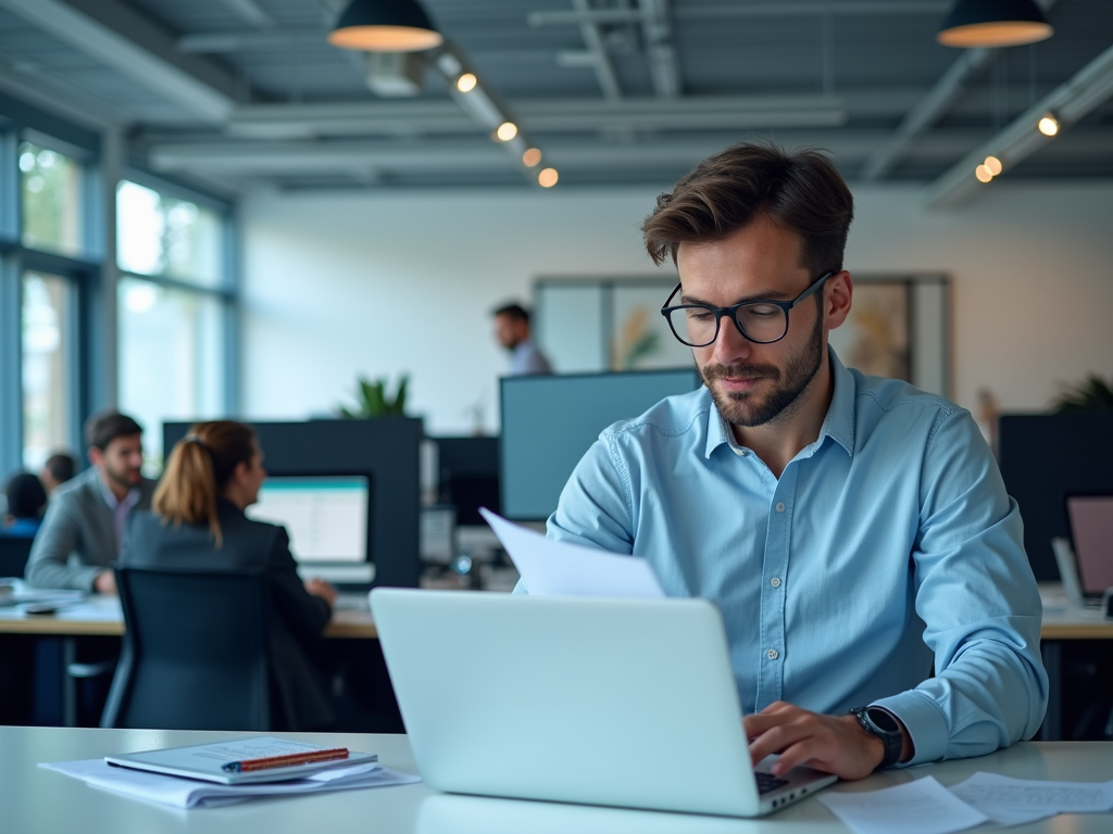 Man in glasses working on laptop in busy office, with colleagues in background.