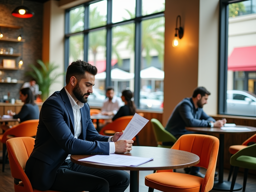 Man in suit reviews documents at café table with others in background.