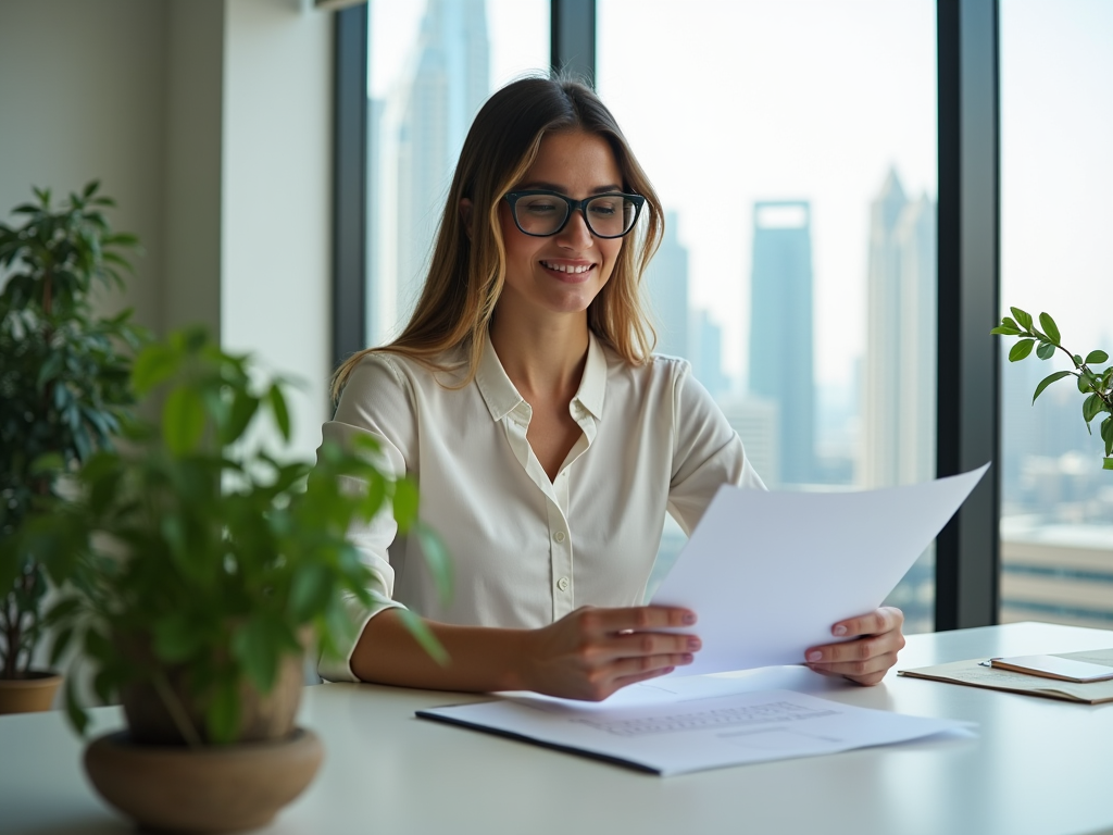 Smiling woman in glasses reading a document at an office desk with cityscape in background.