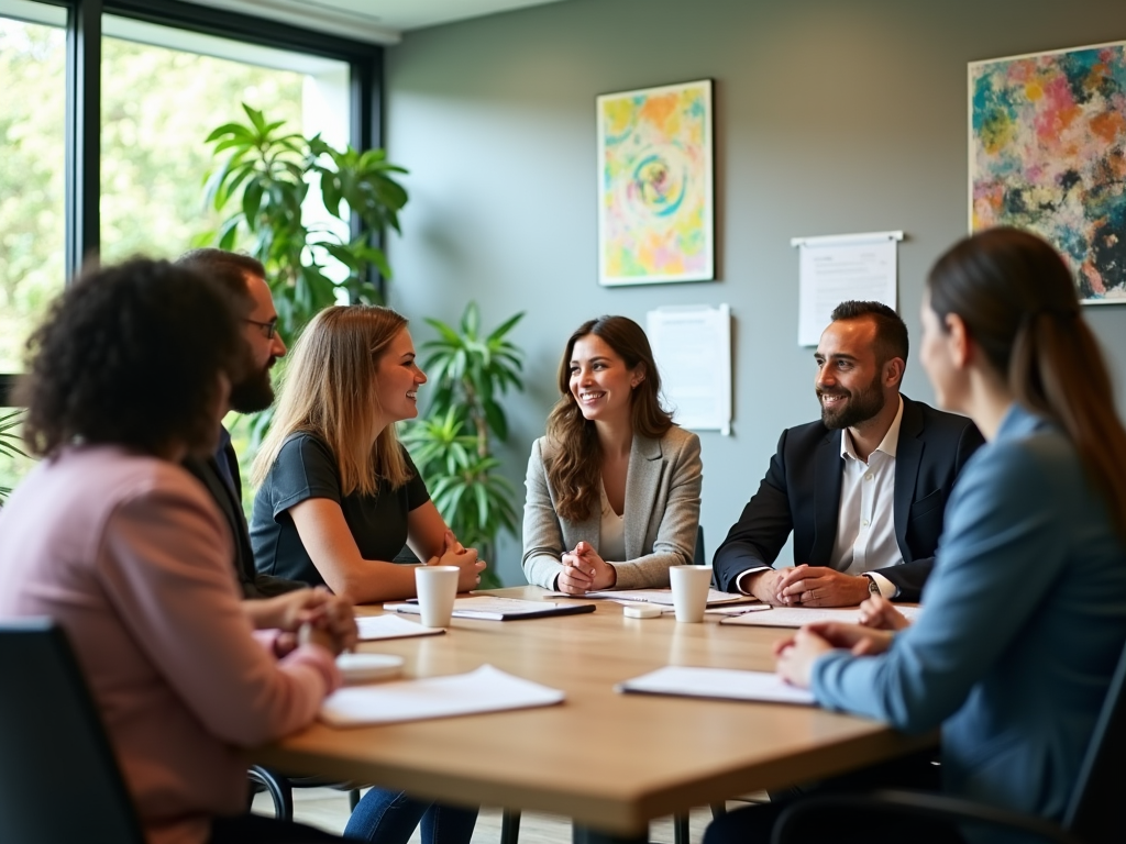 Diverse group of professionals engaged in a meeting around a table in a well-lit office with plants and art.