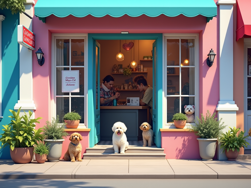 A colorful pet grooming shop with dogs outside and a person attending to a customer inside, surrounded by plants.