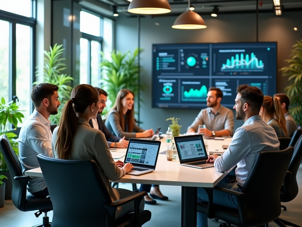 A diverse group of professionals in a modern conference room discussing data analytics on laptops and large screens.