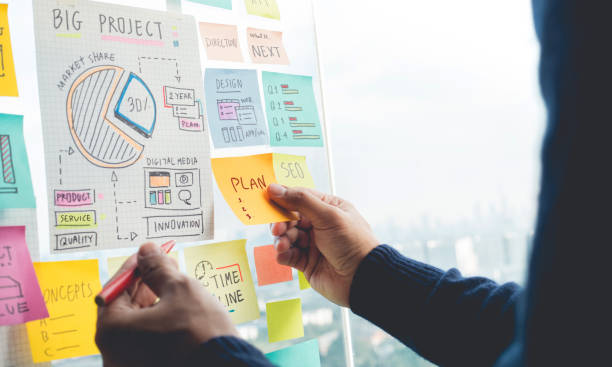 Person organizing colorful sticky notes and business charts on a glass wall, planning for a project.